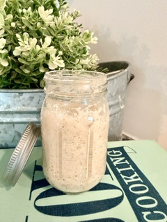 Four stages of a sourdough starter: freshly fed, rising, peak, and falling (collage)